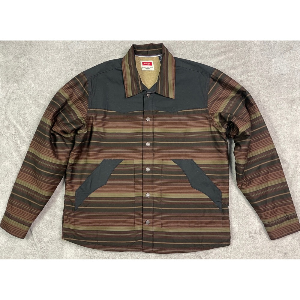 Wrangler Shirt Jacket Mens Large Brown Striped Sherpa Lined Western Excellent